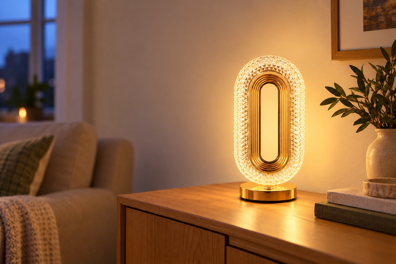 Gold oval crystal-effect lamp glowing on an oak sideboard, moving between warm and white light settings